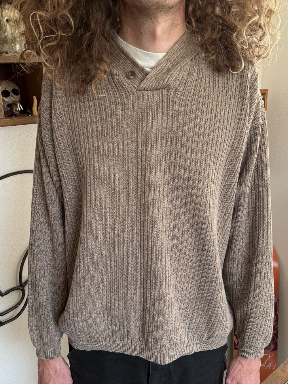 Vintage 90's Eddie Bauer Tan Shawl Collar Henley Sweater ~ Size Large